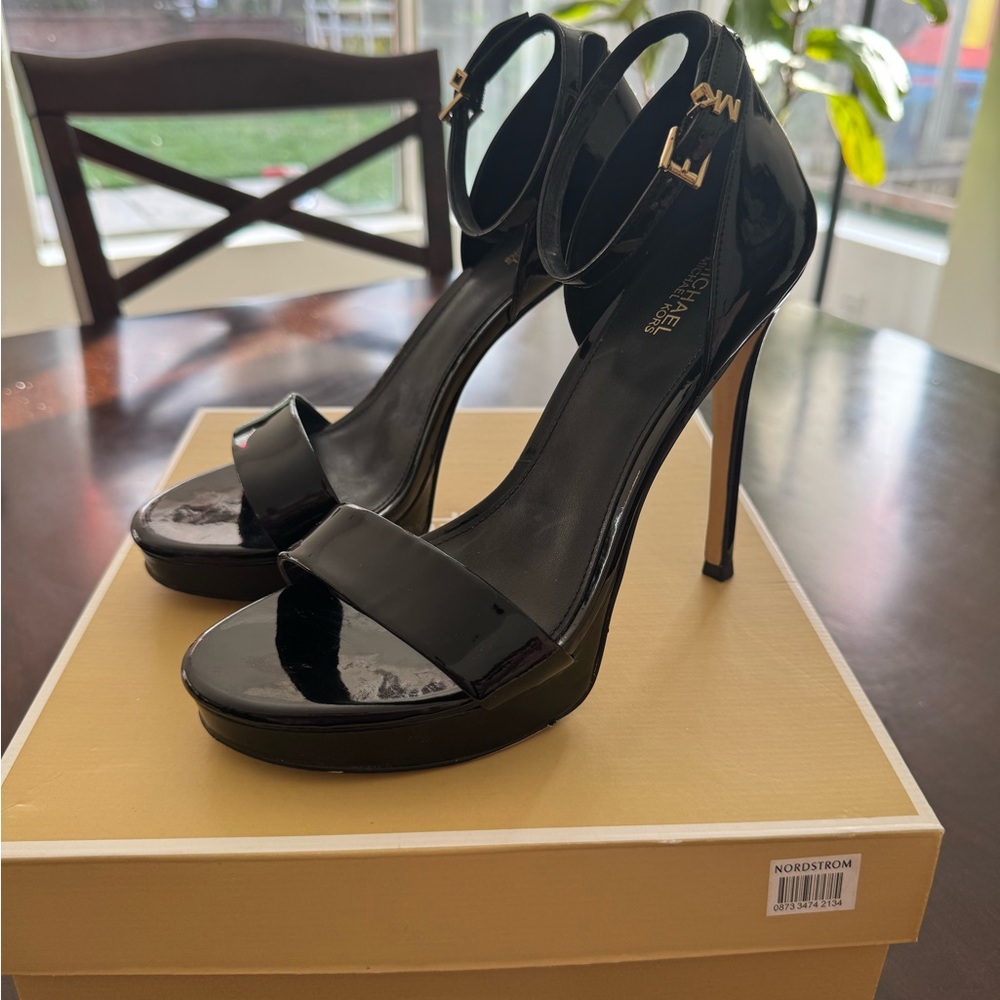 Michael Kors Black Patent Leather Ankle-Strap Platform Heels